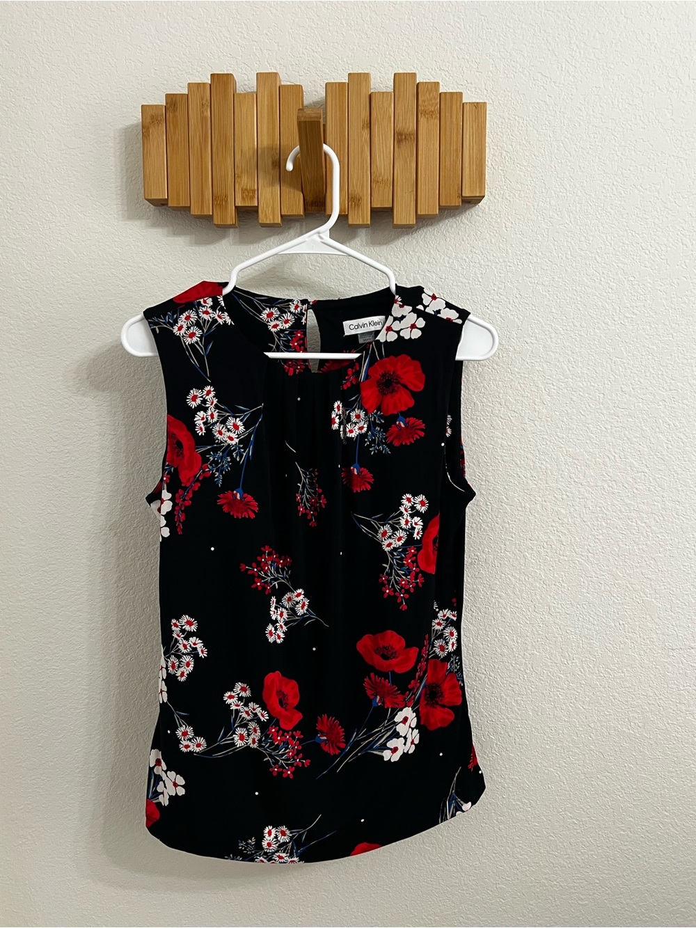 Calvin Klein Black Sleeveless Floral Camisole with Red Blooms